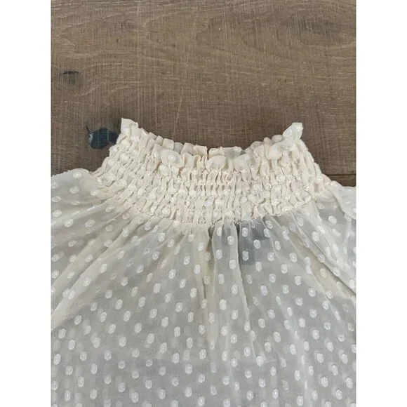 Sheer White Polka Dot Long Sleeve Blouse With Smocked Neckline M - Picture 6 of 7